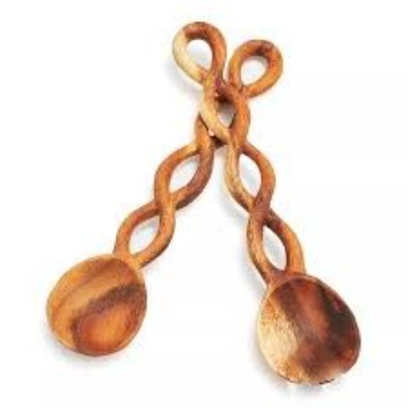 NWT Sur La Table Set of 2 Spoon Wood Twist Servers, Acacia Wood - Picture 1 of 8